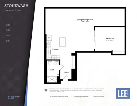 A floor plan for a one bedroom, one bathroom apartment.